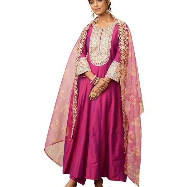 Amazon Brand - Myx Women's Embroidered Anarkali Kurta Pant Set with Organza Dupatta | Viscose,Rayon | A-line fit