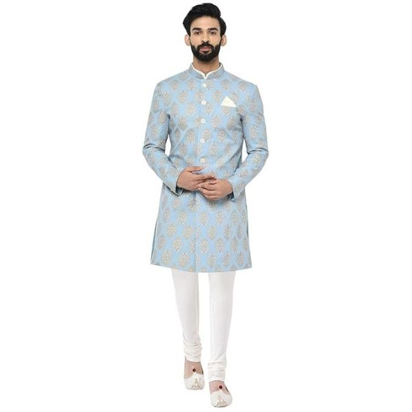KISAH Men Blue Printed Indo-Western Sherwani Set Indo-Western, Full Sleaves, Knee Length, Straight, Regular Fit, Mandarin Collar Ethnic wear