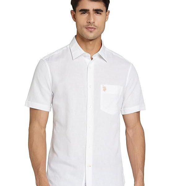U.S. POLO ASSN. Men's Solid Cotton Linen Spread Collar Half Sleeve Shirts