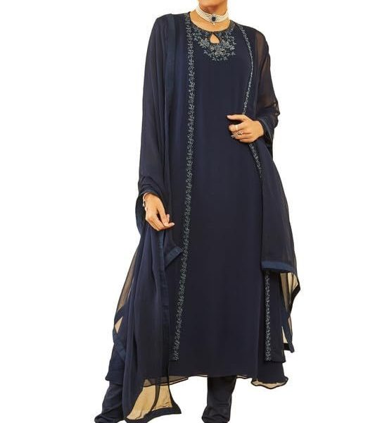 Soch Womens Georgette Beadwork Embellished A-Line Chudidar Suit Set with Shrug