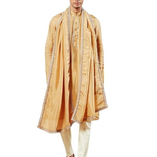 VASTRAMAY Men's Tissue Silk Kurta Pyjama And Dupatta Set - Full Sleeves with Lace Detailing, Golden Border Dupatta for Weddings & Festive Occasions